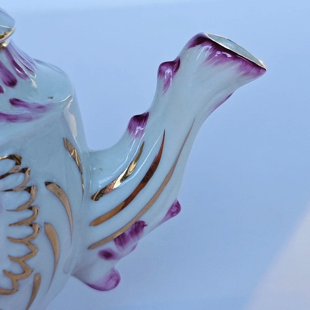 Cracker Barrel Porcelain Miniature Teapot Floral Rose Purple‎ Gold Trim Decor
